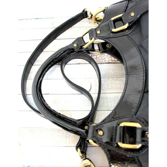 DEBORAH GALLO ITALY BLACK GENUINE LEATHER PATENT SATCHEL SHOULDER BAG HANDBAG - Picture 6 of 9